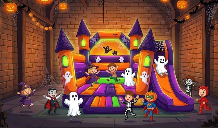Große Halloween-Hüpfburg mit Rutsche in der Fabrik – verkleidete Kinder springen und spielen