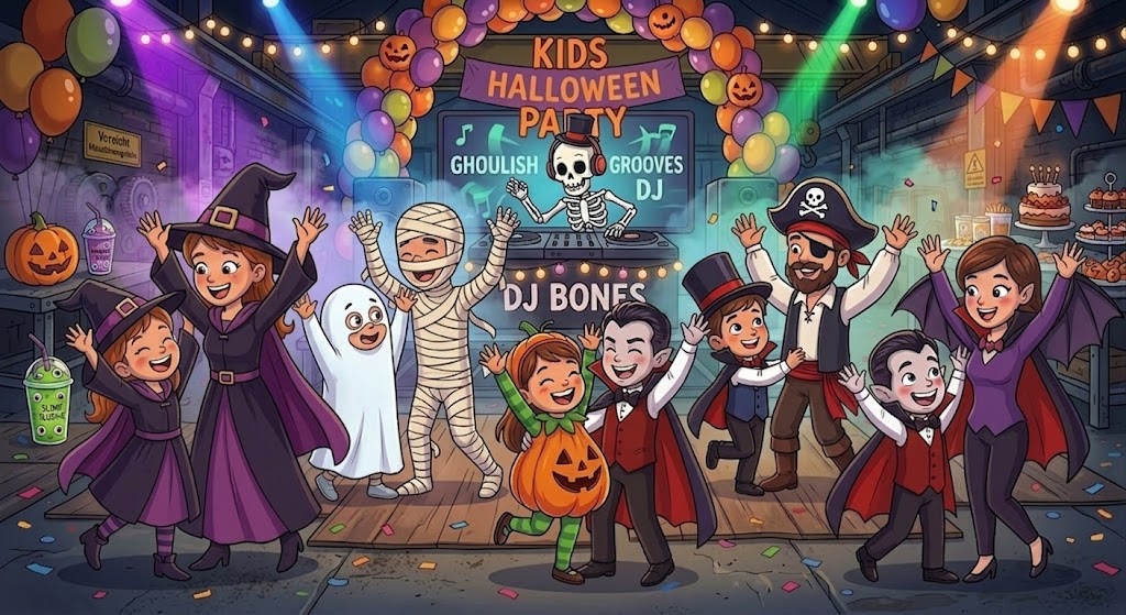 Kids Halloween Party – Kinder tanzen verkleidet vor einem DJ in der Fabrik