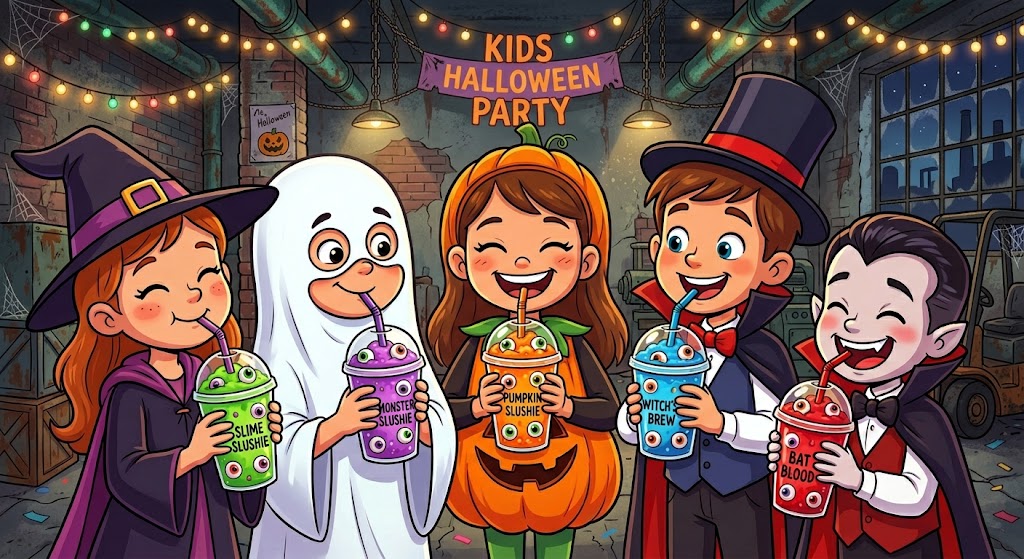 Verkleidete Kinder trinken bunte Halloween-Slushies – Slime, Monster, Kürbis, Hexentrank